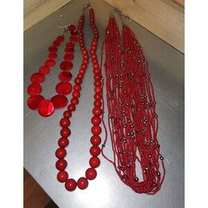Set Of 3 Y2K Red Beaded Necklaces with Adjustable Chains Bold Statement Jewelry